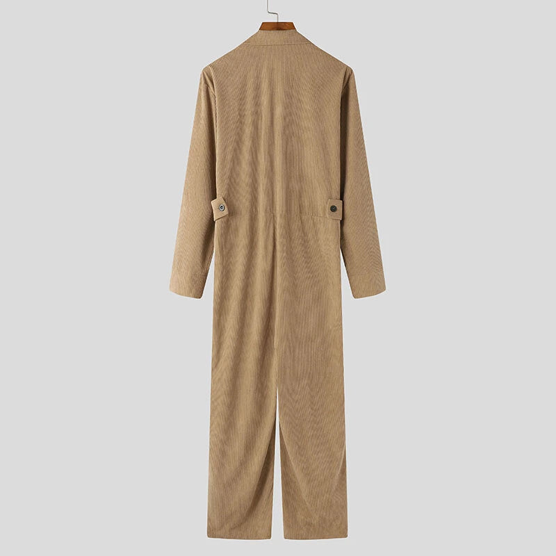 INCERUN Men Jumpsuits Corduroy double-breasted Suit Collar Long-sleeved Casual One-piece Suit for Men with Side Pockets