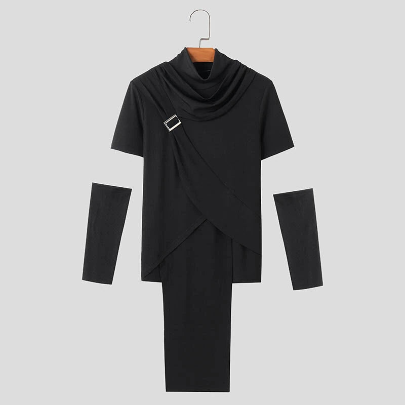 INCERUN Deconstructed Design Solid Color T-Shirt Fashion High Neck Truncated Long Sleeves High Stretch Top for Men