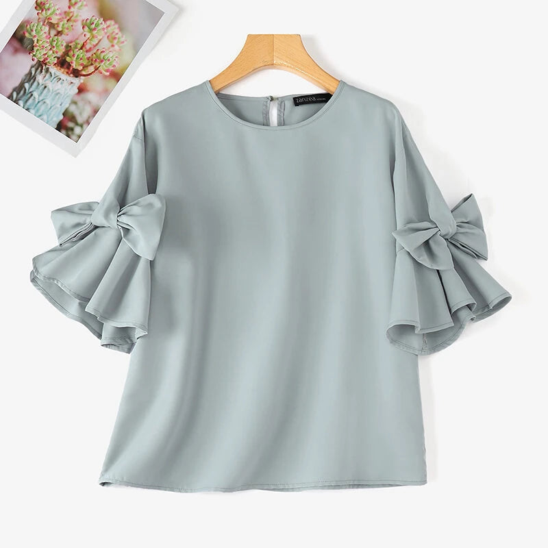 ZANZEA Elegant Style Womens Shirts Blouses Ladylike Crew Neck Ruffled Sleeves Tops Side Bowknot Solid Blouses