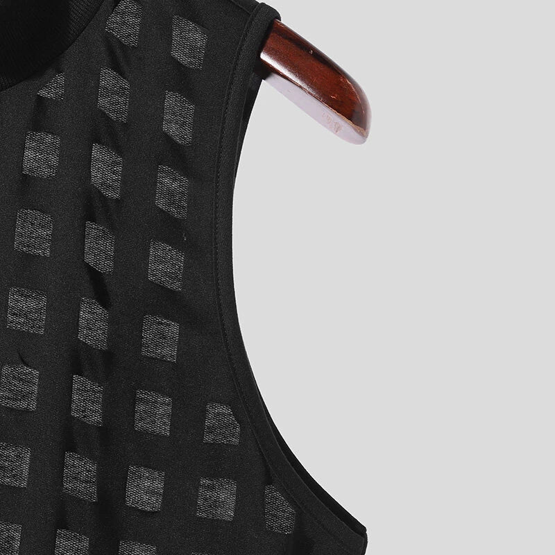 INCERUN Mens Burn out Mesh Striped Sleeveless Tank Black Sheer Mesh Sleeveless Crew Neck Top