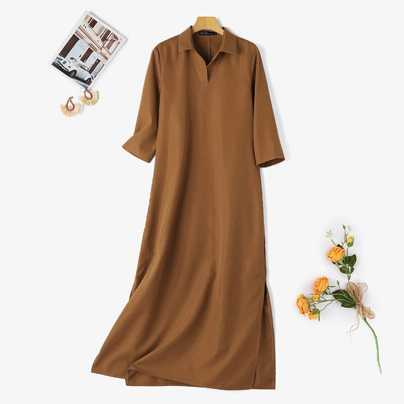 ZANZEA Women's Dresses Turn-Down-Collar 3/4 Sleeve Elegant Office Side Split Plain Maxi Shirt Dress