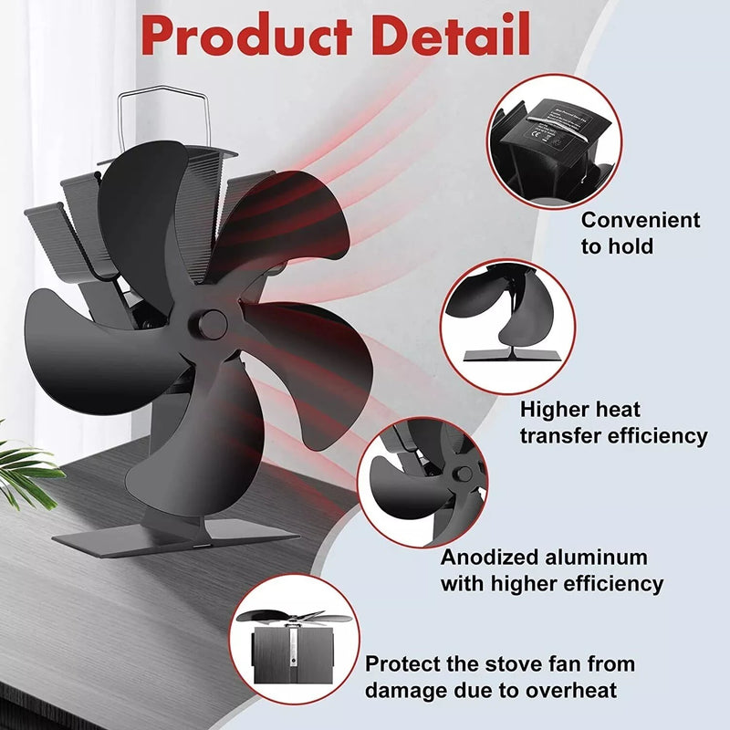 IPRee Fireplace 5 Blades Heat Powered Stove Fan Log No Electricity Wood Burn Fan Quiet Home Fireplace Fan Efficient Heat Distribution DY015J