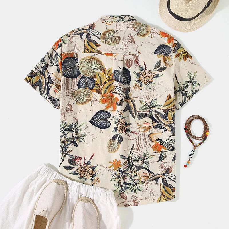 INCERUN Mens Shirts Hawaiian Short Sleeve Shirts Summer Holiday Beach Men Shirt Tropical Leaves Print Henley Shirts