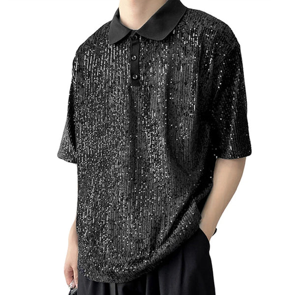 INCERUN Mens Sequin Sparkle Glitter Patchwork T-Shirt Fashion Short Sleeve Lapel Top Tshirt for Men
