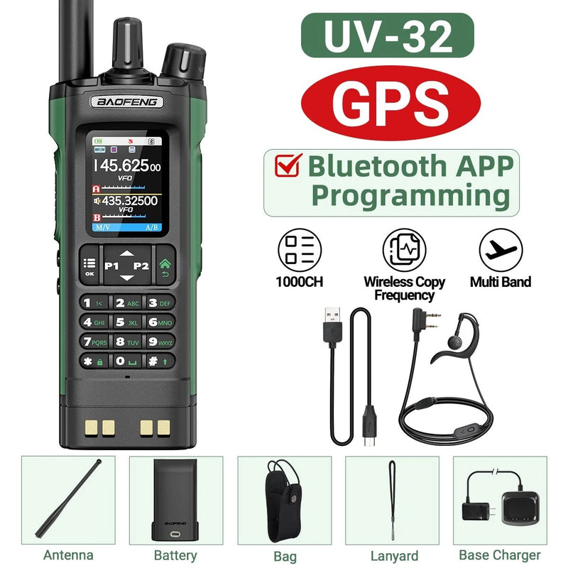2Pcs Baofeng BF-UV32 GPS Walkie Talkie 10W Long Range Multi Band Bluetooth App 1000 Channels USB-C EU Charge Portable 2-Way Radio