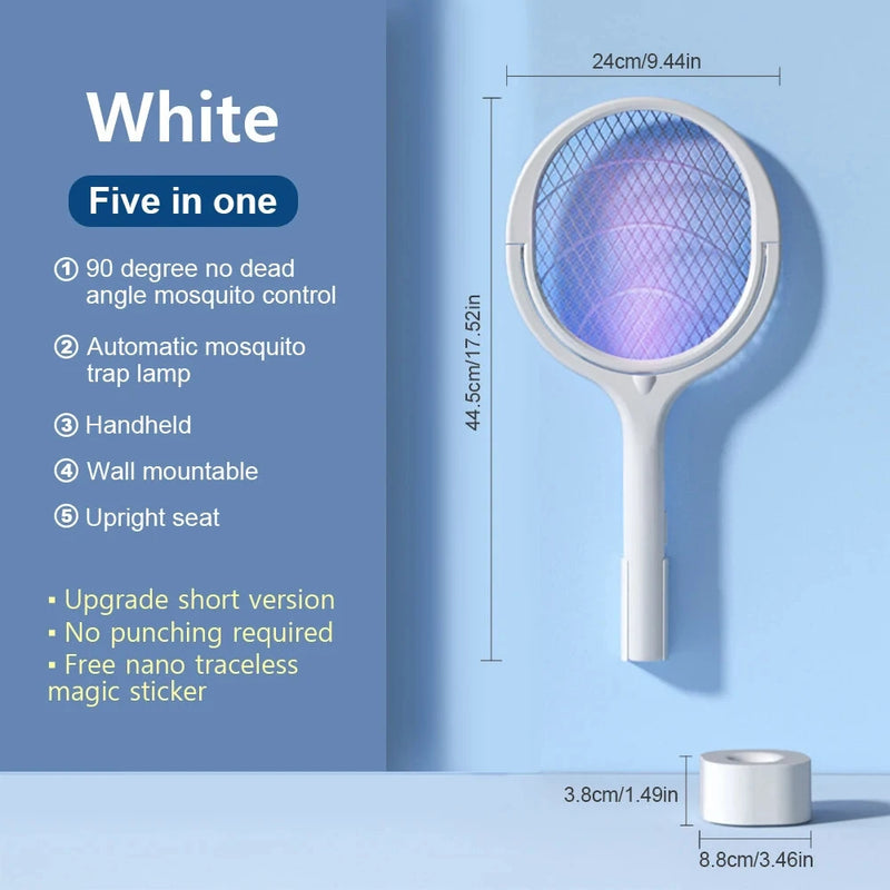 5-in-1 Multifunctional 3500V Mosquito Killer Lamp with Adjustable Angle Bug Zapper Portable Rechargeable Electric Fly Swatter with USB Charging and Quick Charge Feature