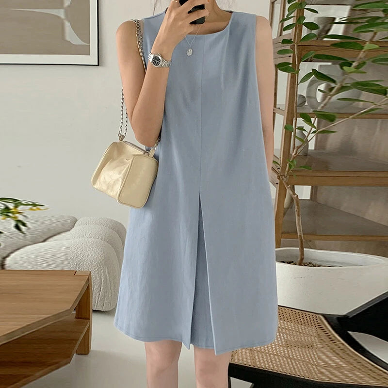 ZANZEA Women Crew Neck Sundress Knee Dresses Oversized Sleeveless Casual Solid Loose Midi Dresses