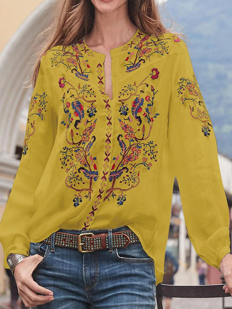 ZANZEA Plus Size Women Blouse Ethnic Style Print Round Neck Long Sleeve Bohemia Button Shirt For Women