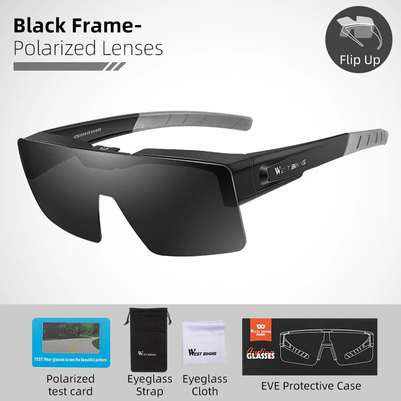 WEST BIKING Flip Up Polarized Cycling Glasses Lightweight HD Sunglasses Fit Over Myopia Bike Riding Driving Goggles Outdoor Travel Fishing Eyewear