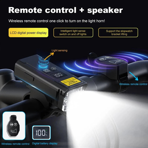 BIKIGHT Q09L Wireless Remote Control Bicycle Headlight with Horn Smart Light Sensor Digital Power Display Type-C Charging Waterproof Bike Front Light for Outdoor Night Riding Safety