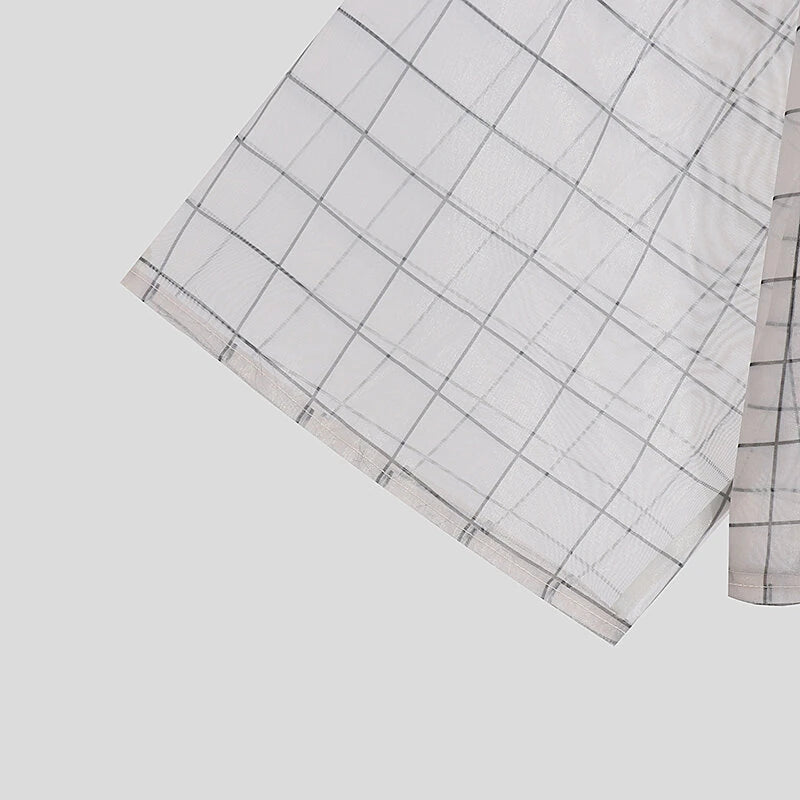 INCERUN Men Shirt Mesh Transparent Plaid Lapel 3/4 Sleeve Short Shirt Fashion Casual Men Clothing Loose Button Camisas