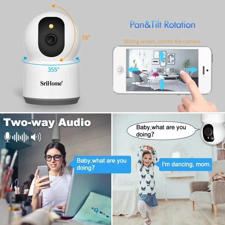 Srihome SH038 5MP 1944P 5G WIFI Wireless PTZ IP Dome Camera AI Humanoid Detection Full Color Night Vision Two-way Intercom Home Security Monitoring Cameras