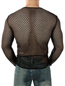 INCERUN Men Fashion Mesh See-through Casual Long Sleeve Hollow Black T-Shirt