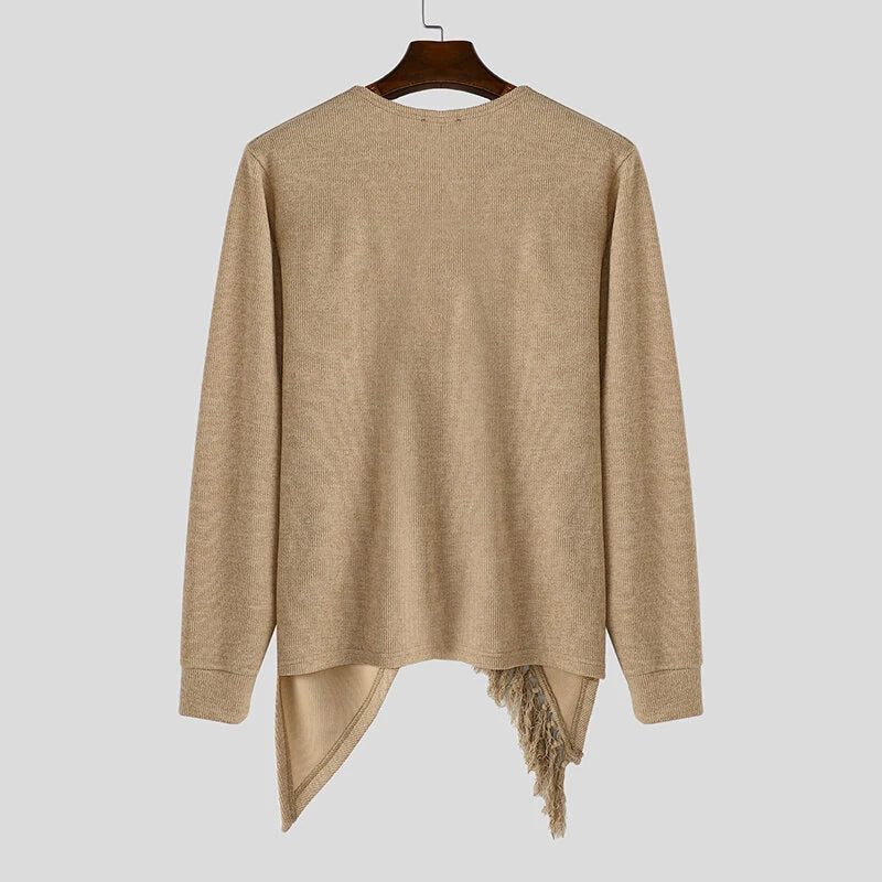 INCERUN Mens Knitted Fringe Cowl Neck Long Sleeve Cardigan Solid Color Fashion Tops for Male S-5XL