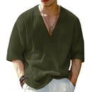 INCERUN Mens Knitted V-Neck Half Sleeve T-Shirt Casual Solod Color Short Sleeve Men Top