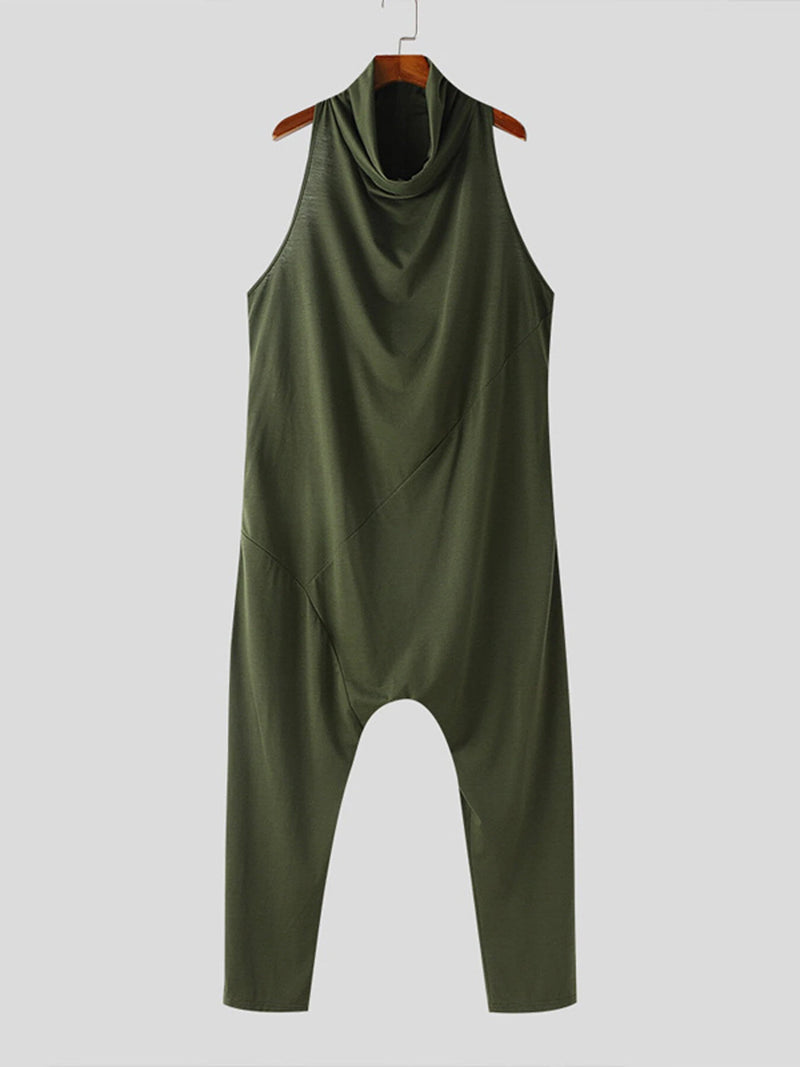 INCERUN Men's Solid Color Jumpsuits Stacked Collar Sleeveless Back Zipper Overalls