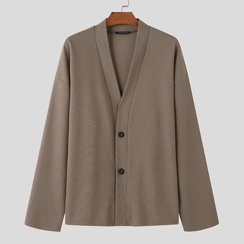 INCERUN Men Simple Textured Cardigan Sweater Comfortable Loose Fit Botton Front Lapel Thick Sweater Cardigan for Men Fall Plus Size S-5XL