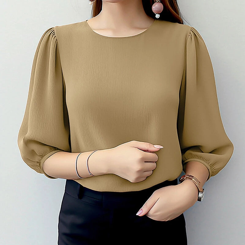 ZANZEA Women's Blouse Casual Lantern Sleeve Round Neck Shirt Plain Party Commute Pullover Tops