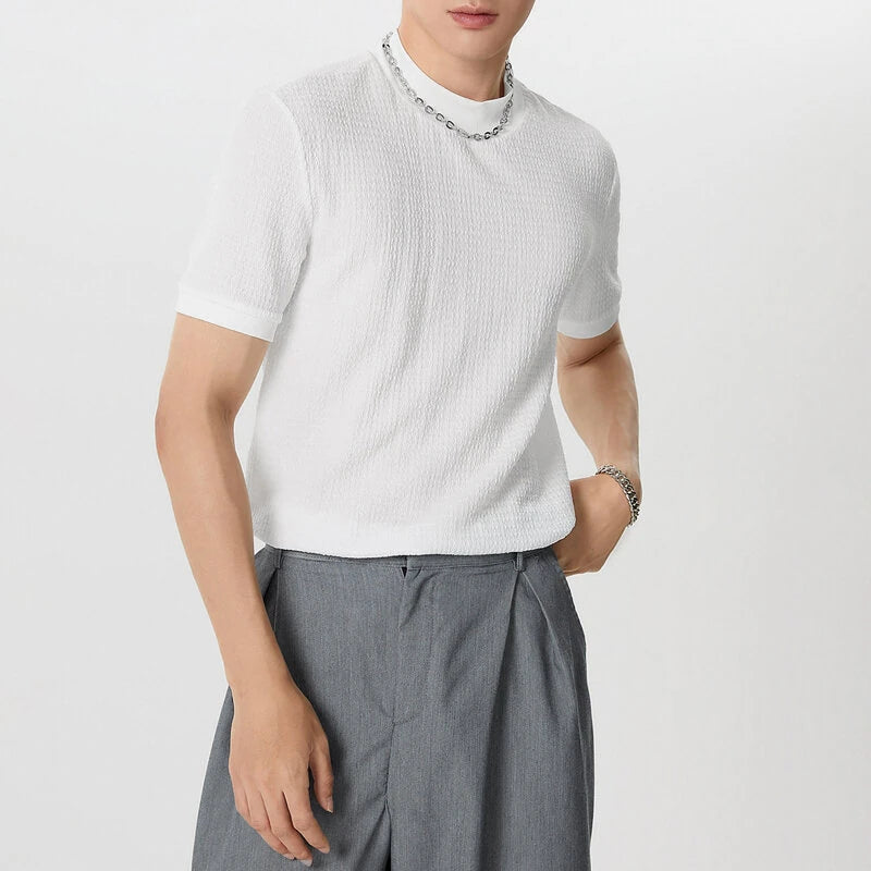 INCERUN Mens Half-collar Solid Knitted pit-stripe Short Sleeve T-shirt