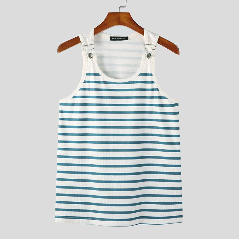 INCERUN Men Tanks Top Blue White Knitted Undershirt with Horizontal Stripes Buckle Back High Stretch Vest for Men