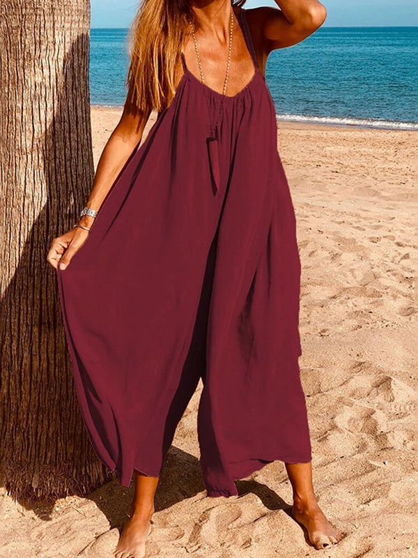 Women Sleeveless Straps Loose Solid Wide Leg Jumpsuits