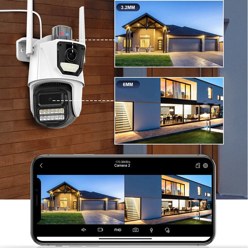 Guudgo 6MP Dual Lens Wireless Security Camera 360 Panoramic View AI Human Detect Color Night Vision Motion Alert IP66 Waterproof Surveillance Outdoors CCTV Cameras