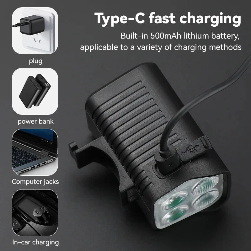 BENGGUO 2-in-1 LED Bicycle Front Light with Bell Horn 4 Super Bright LEDs 500mAh Battery Type-C Charging Safe for Night Cycling