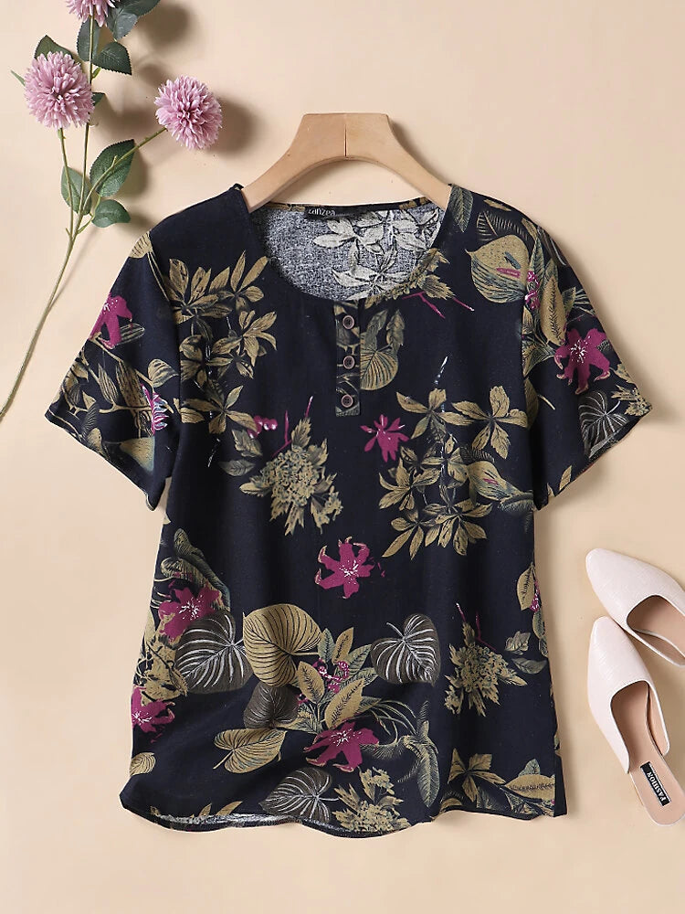 ZANZEA Plus Size Women's Shirt Cotton Linen Printed Casual Short Sleeve O Neck Loose Blouse Summer Daily Top for Women