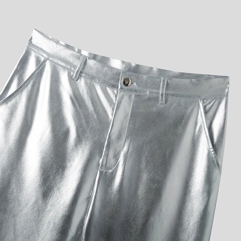 INCERUN Men Shiny Pant with Pockets Party Nightclub Style Pantalons Men's Coated Shiny Elastic Trousers Fashion Personalized Male Long Pants S-5XL