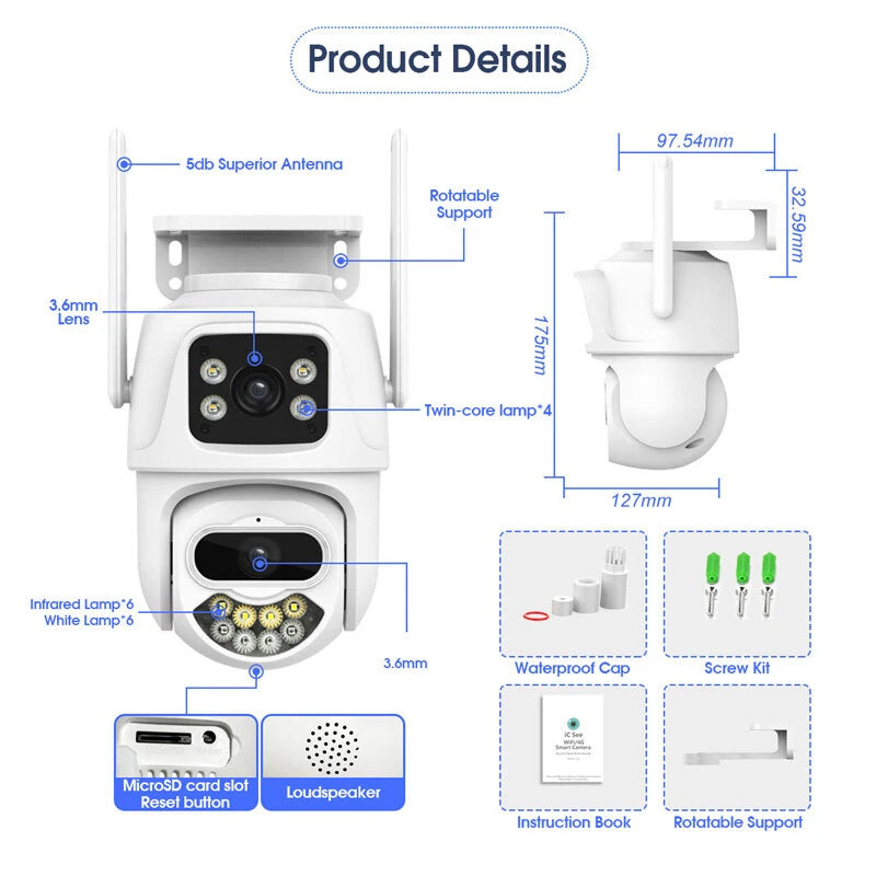 3K 6MP Dual Lens Outdoors WiFi Security Camera HD Night Vision Motion Detection Auto Tracking Waterproof Siren Alarm Push ICSEE APP Remote Viewing Surveillance Cameras