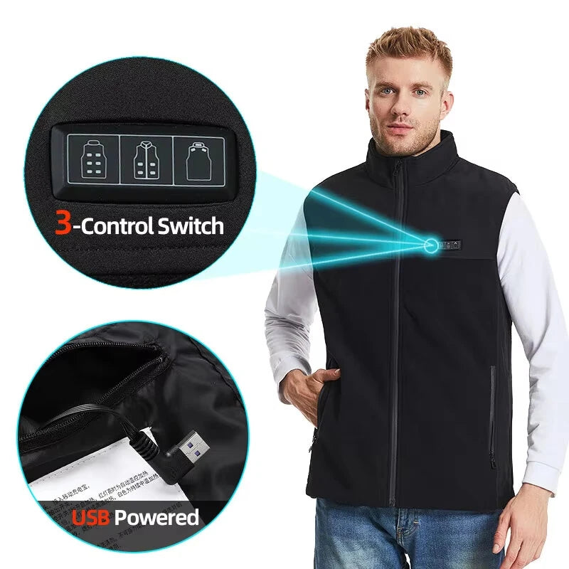 TENGOO HZ-13 13 Areas Heating Vest Zipper Adjustable Size 3-Gears Heated Jackets  USB Electric Thermal Clothing Winter Warm Vest Outdoor Heat Coat Clothing