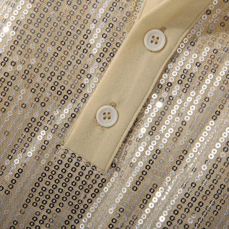 INCERUN Mens Sequin Sparkle Glitter Patchwork T-Shirt Fashion Short Sleeve Lapel Top Tshirt for Men