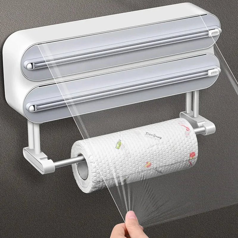 Creative Magnetic Wall-mounted Multifunctional Double-layer Plastic Wrap Cutter Baking Cutter Adjustable Kitchen Supplies Storage