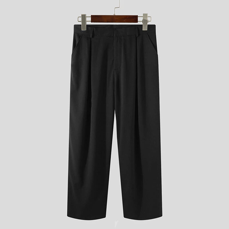 Men Expandable Waist Solid Color Casual Loose Fit Wide-leg Pants
