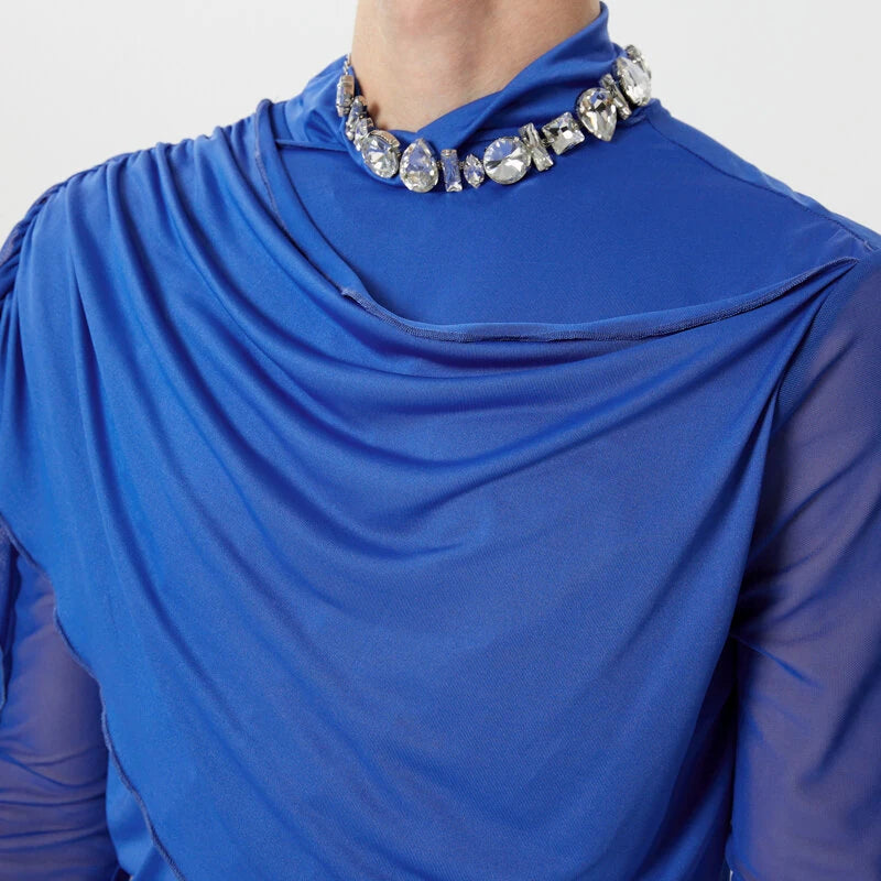 INCERUN Men Cross-Deconstructed Ribbon Design Long Sleeve Top T-shirts Fashion Solid Color See-through High Stretch Clothing for Men