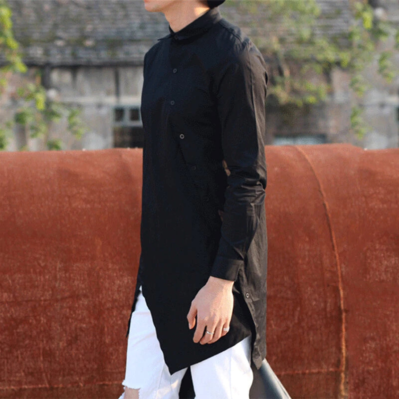 Men Solid Color Asymmetric Hem Long Sleeve Lapel Collar Shirt