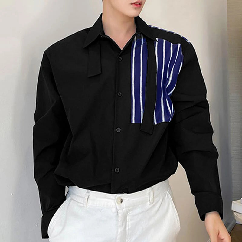 INCERUN Stylish Men's Color-block Striped Long-sleeve Shirt Fashion Design Lapel Top Large Size Loose Fit Men S-5XL