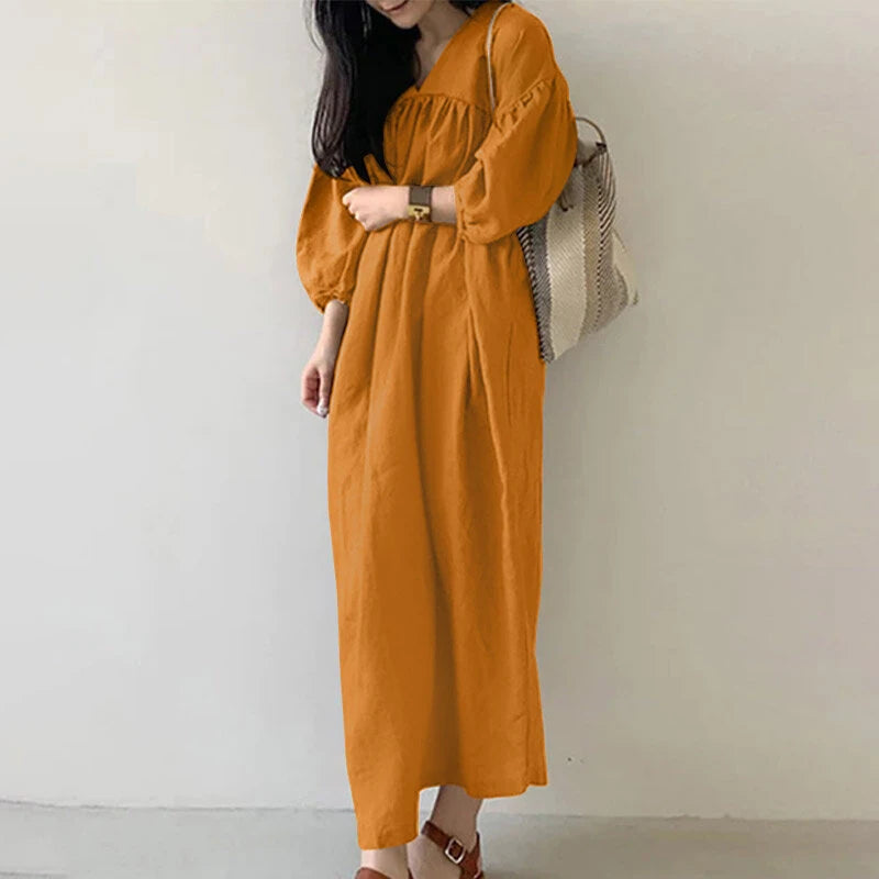 ZANZEA Women Maxi Dresses Solid Color Seven-quarter Length Lantern Sleeves Long Dresses Plus Size Women Dresses