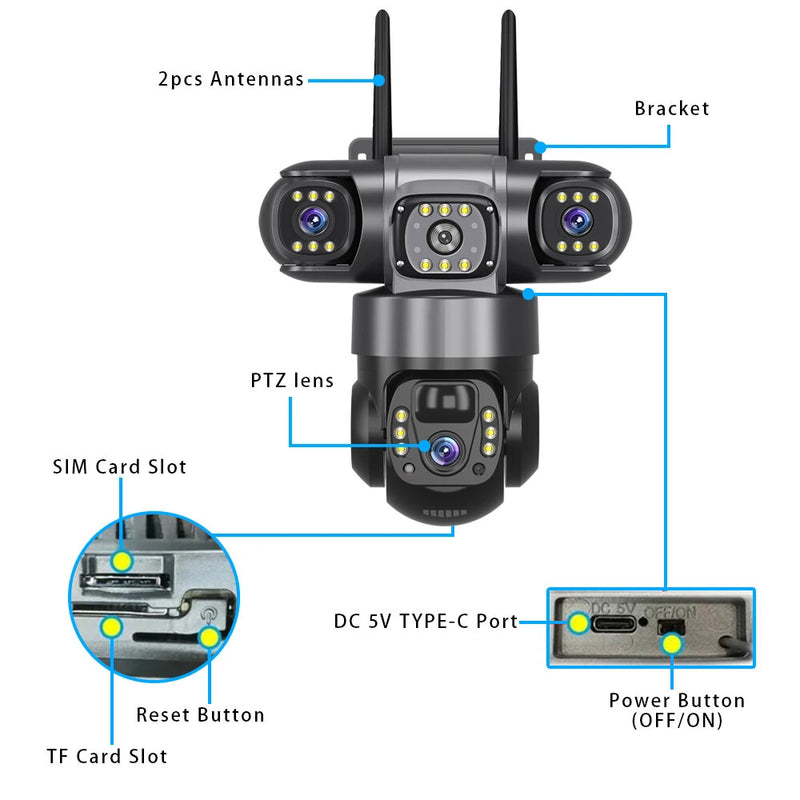 V380 4G 6MP Solar Security Camera 3-Lens System  Dual-Charging Night Vision Motion Alerts 4G European Version Security Camera