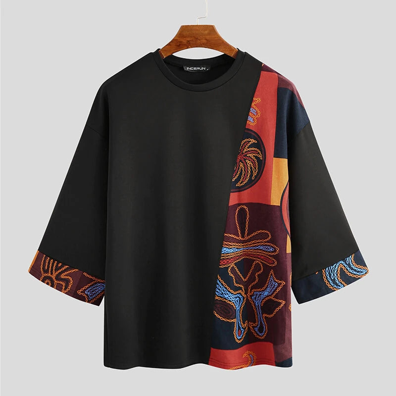 INCERUN Mens T Shirts Loose Fit Casual T-shirts for Men Print Patchwork Fashion Male Tee Tops Summer Short Sleeve Men Clothing