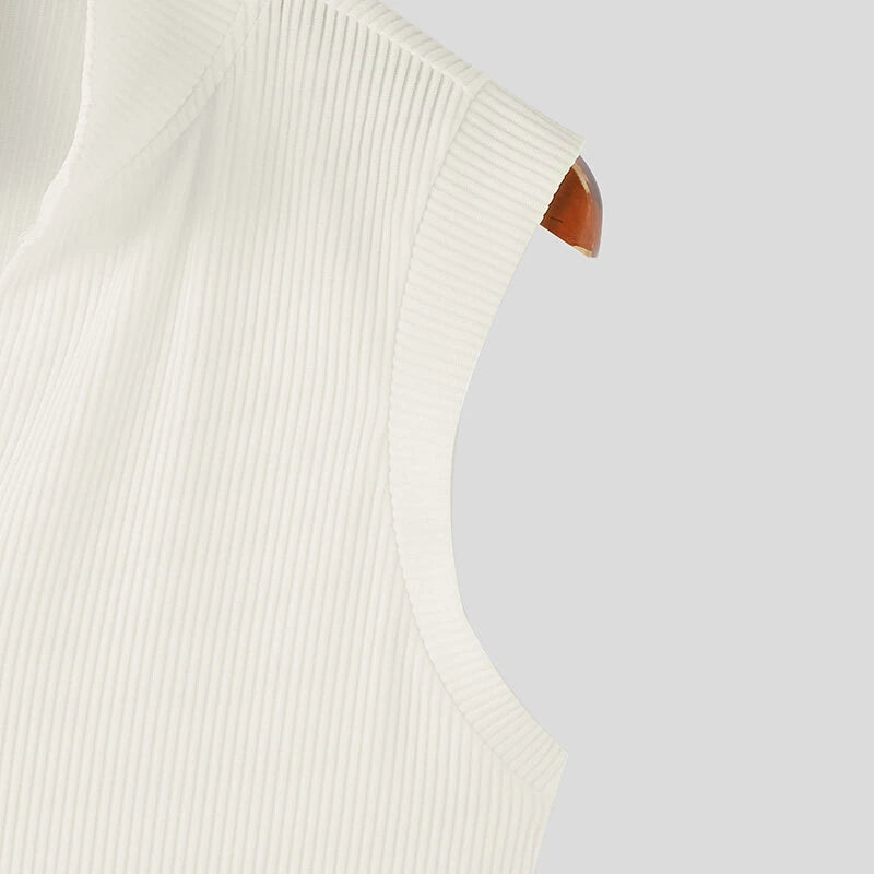 INCERUN Mens Solid Knit Textured Notched Neck Vest Elastic Sleeveless Tank Top for Male