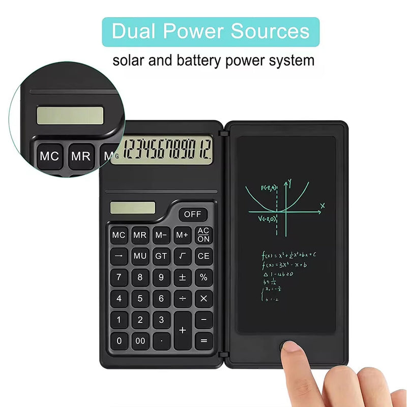 Basic Calculator Notepad with 6 Inch LCD Writing Tablet Portable Foldable Scientific Calculator Mute Solar/Dual Battery Powered for High School College Office
