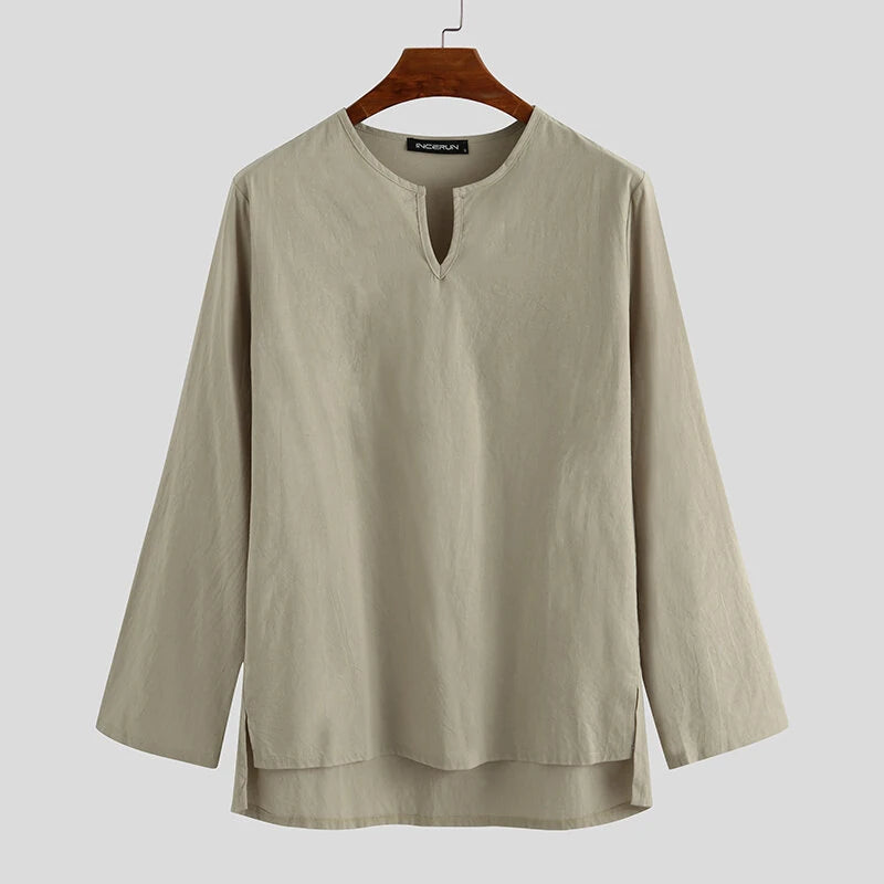 INCERUN Men Home Two Piece Set Solid Color Cotton Linen Long Sleeve Top and Pant with Pockets, Casual Men's Set Plus Size Spring Fall