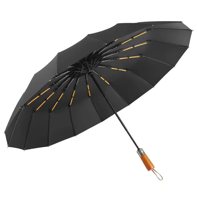 16-Bone Double Fully Automatic Rain Umbrella Keel Wooden Handle Sun Protection Umbrellas Large Folding Business Umbrella For Sunny Rainy Days