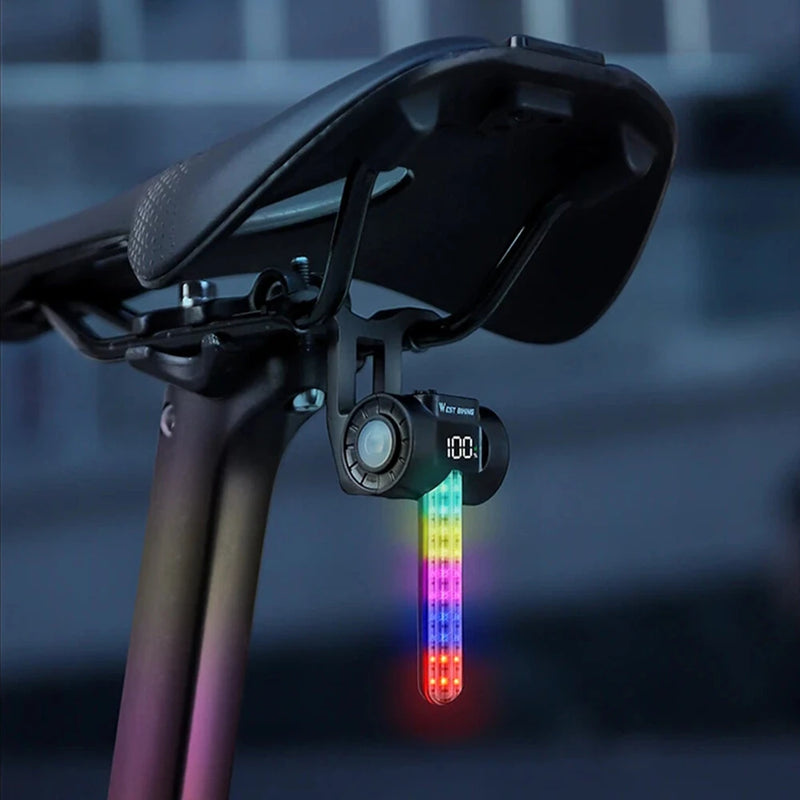WEST BIKING RGB Colorful Dynamic LED Bicycle Taillight Smart Sensor Brake Digital Power Display Waterproof USB Rechargeable Bike Rear Light for Outdoor Night Safe Cycling