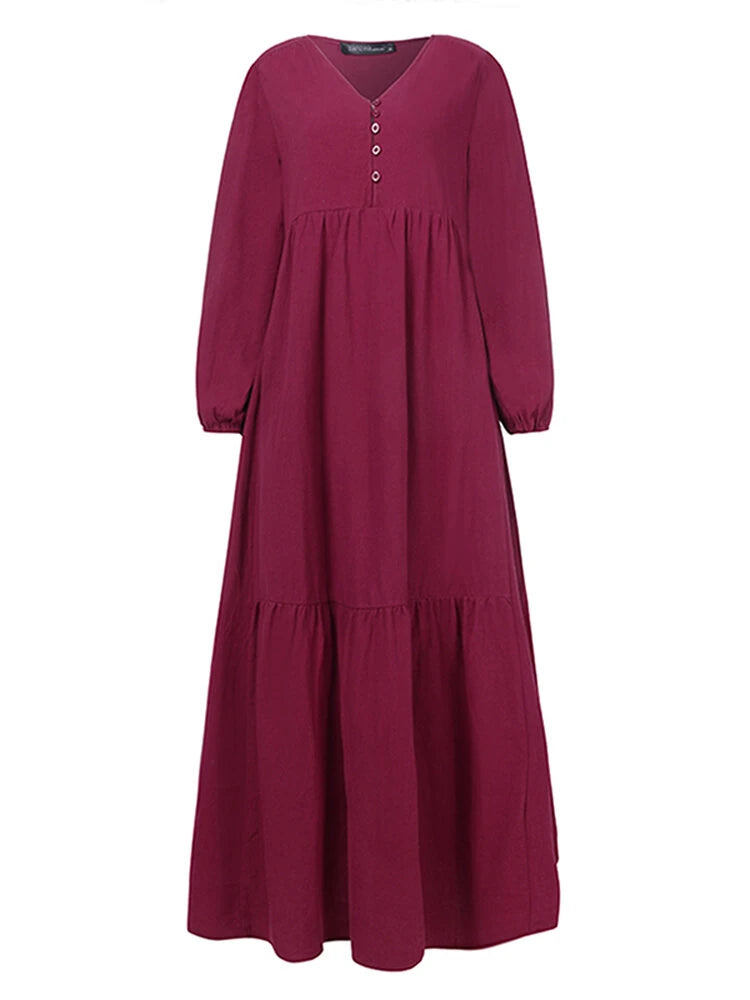 ZANZEA Plus Size Women Long Dress Solid Color V-neck Long Sleeve Causal Maxi Dress