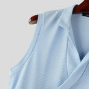 INCERUN Mens Minimalist Solid Color Textured Tank Fashion Lapel V-neck Sleeveless Top for Male