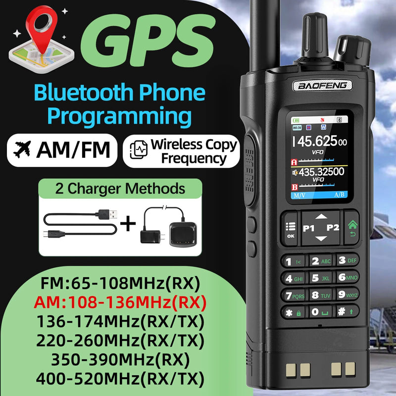 Baofeng UV32 GPS 10W Long Range Walkie Talkie bluetooth Phone APP Programming Multi-band Wireless Copy Frequency 1000CH 10 NOAA Type-C Two-way Radio
