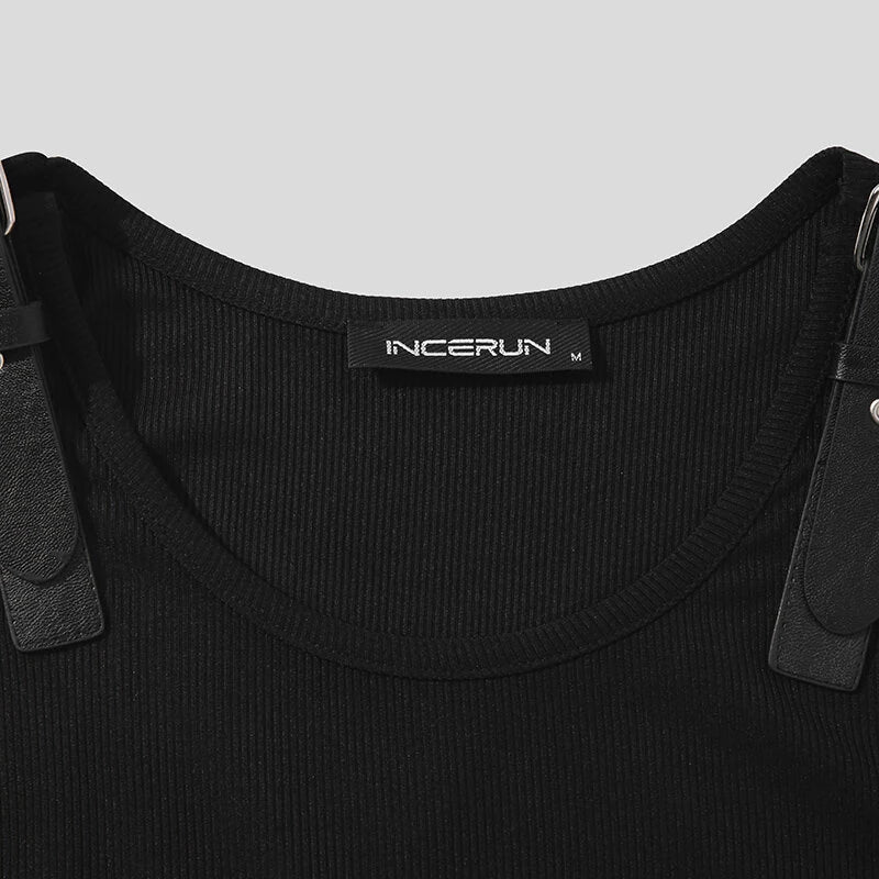 INCERUN Mens Tank Top Fashion Leather Shoulder Strap Design Solid Color Knitted Vest Summer Sleeveless Men's Undershirts