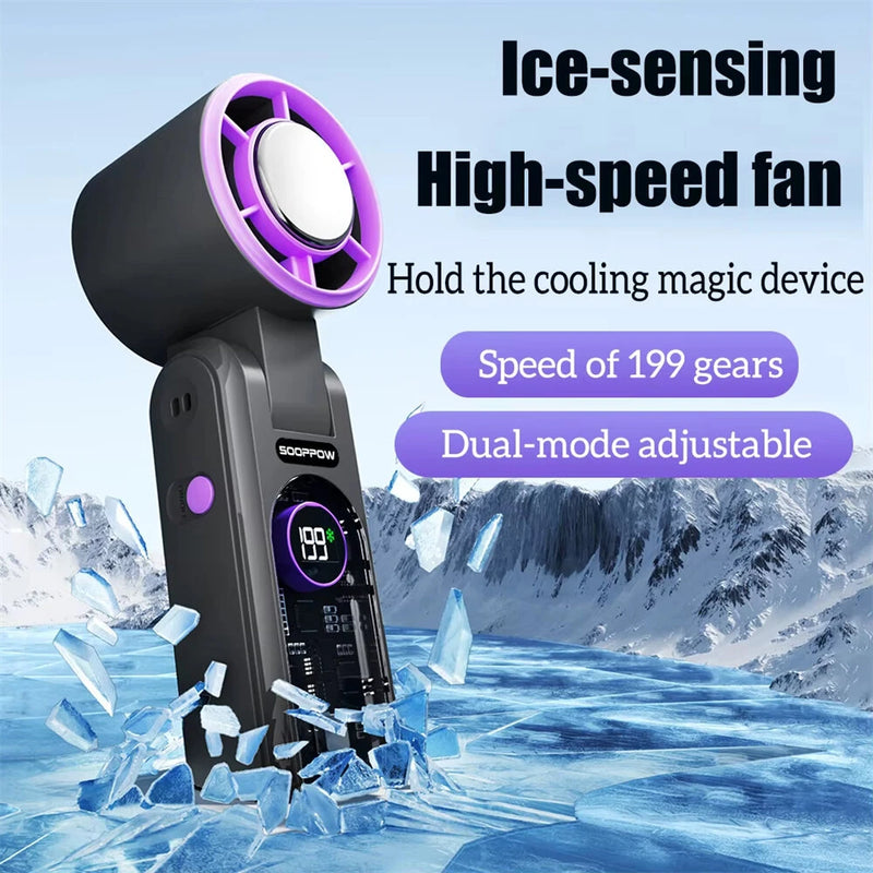 Tevorex Portable Ice Cooling Handheld Small Fan High-speed Rechargeable 3000mAh Battery 199 levels Wingspeed Adjustable LCD Digital Display for Outdoor or Indoor